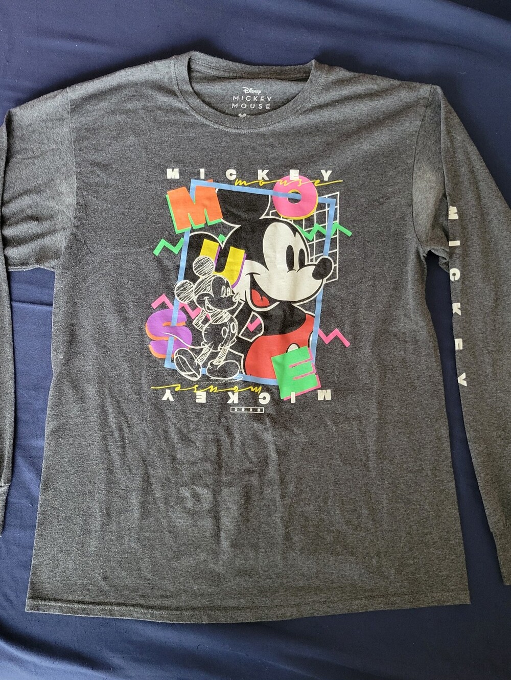 Disney Men's Charcoal Gray Long-Sleeve Mickey Mouse Neon Graphic Tee Size Medium